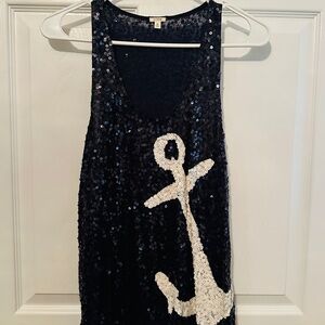J. Crew Navy Sequin Top With White Anchor